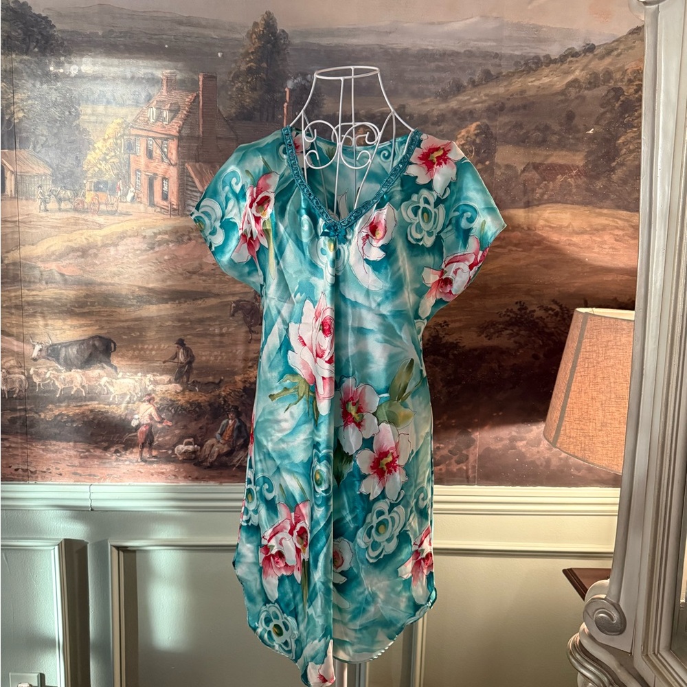 Floral Teal nightgown with Pink and White Accents
